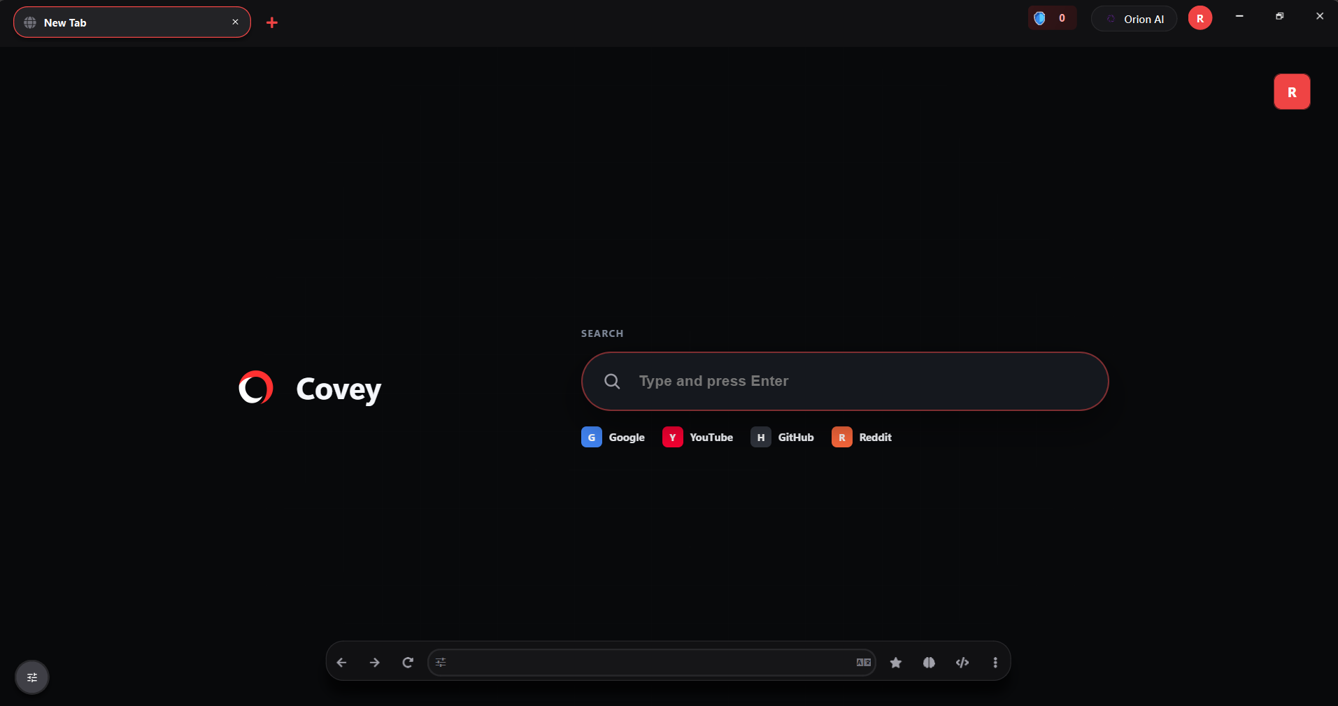 Covey Browser dark interface